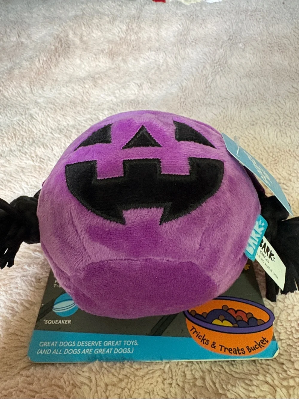BARK Purple Plush Jack-O'-Lantern Squeaker Treat Bag with Black Handle